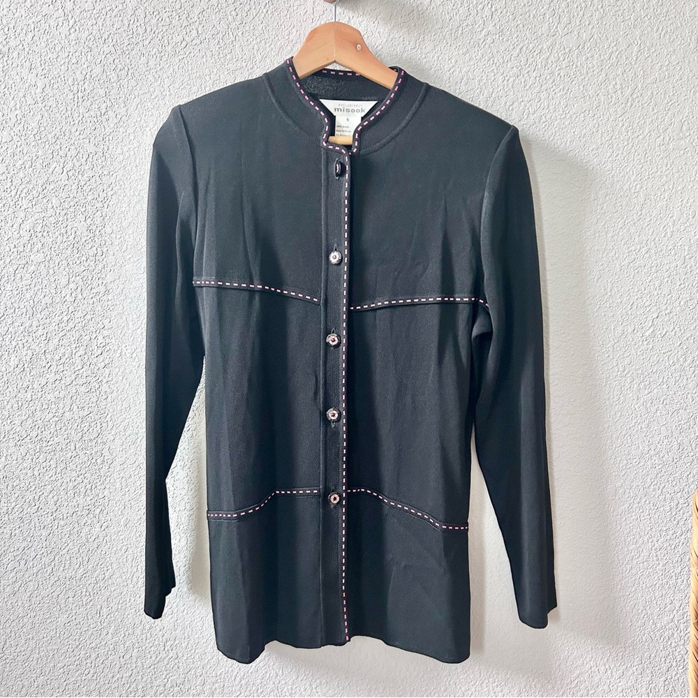 Exclusively Misook Black Knit Top with Pink Details Size Small Long Sleeve